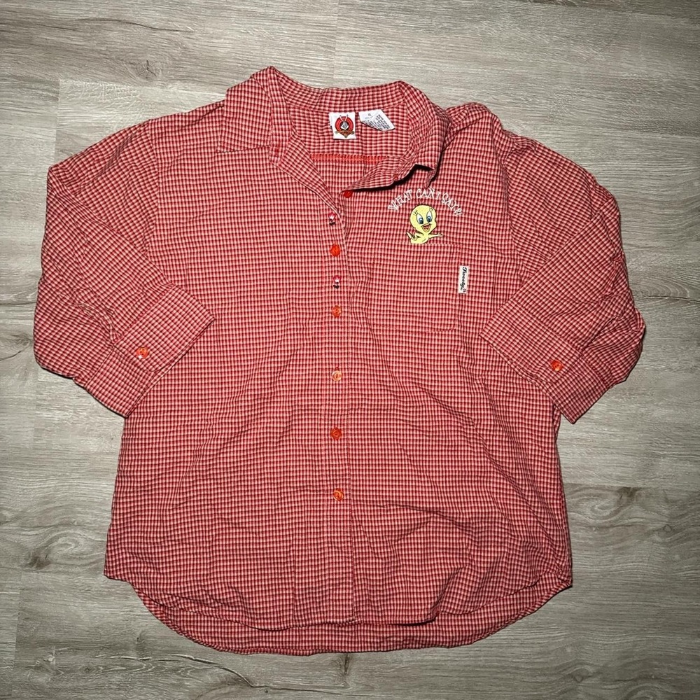 Red and white looney tunes tweety bird  button down shirt